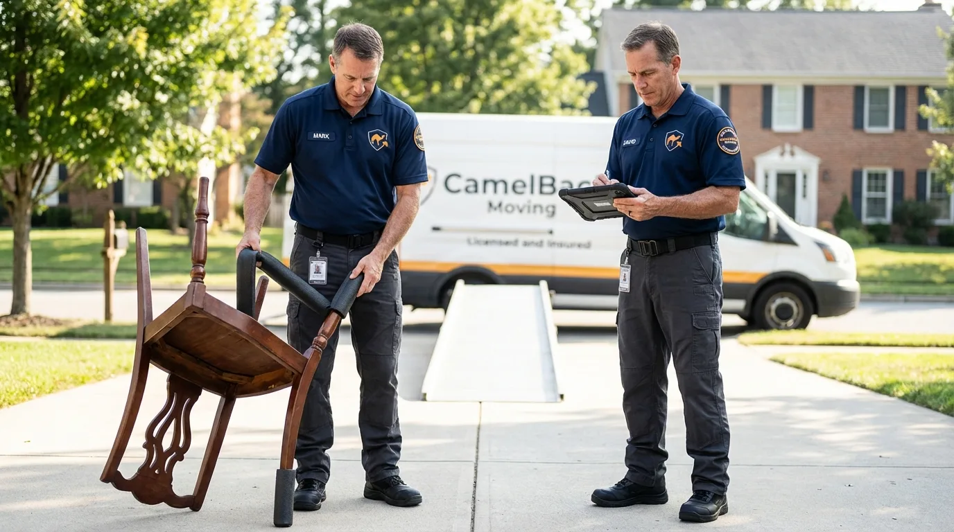 Movers inspecting furniture for damage prevention before loading in Jackson, OH